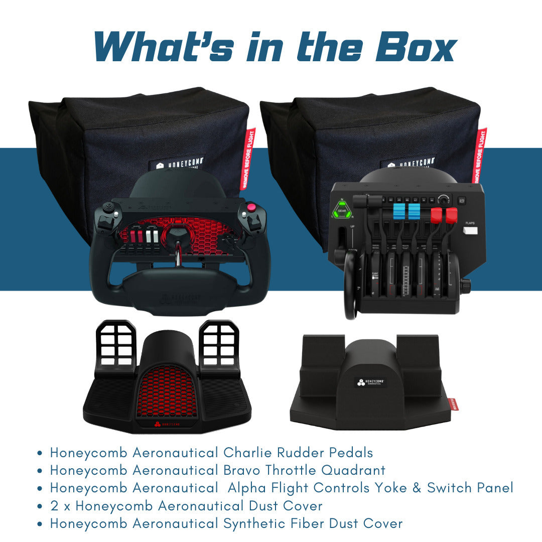 Honeycomb Aeronautical Charlie Rudder Pedals with Bravo Throttle, Alpha Yoke, and Dust Covers Bundle