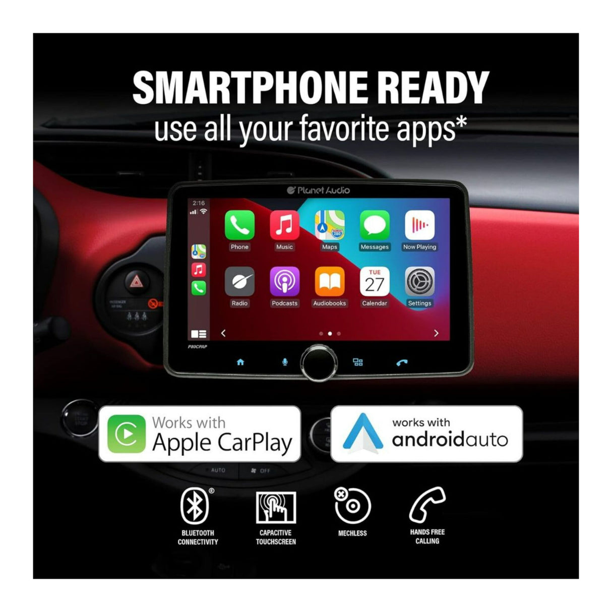 Planet Audio P80CPAP Single-DIN Mech-Less Car Stereo System with 8-Inch Touchscreen and Android Auto