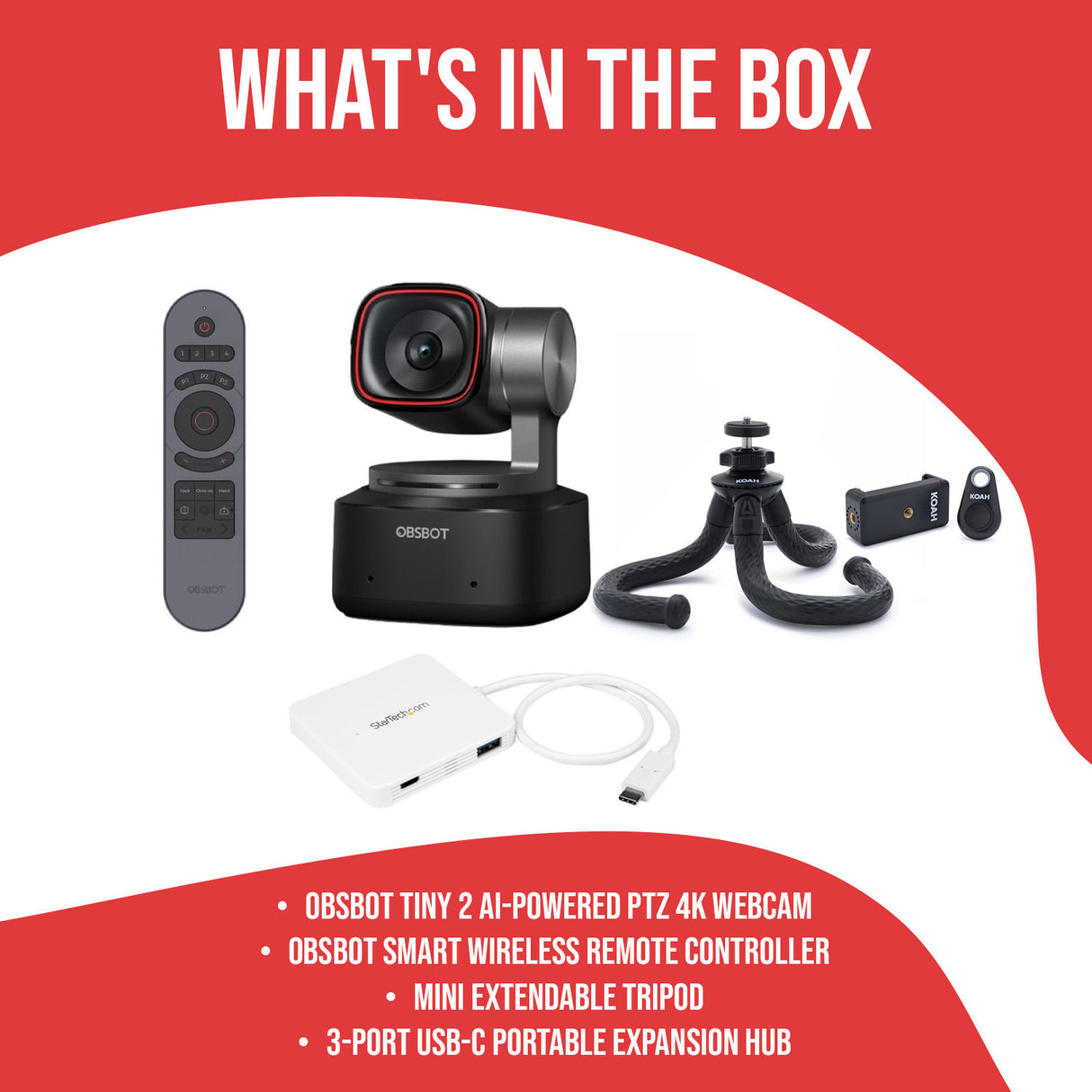 OBSBOT Tiny 2 AI-Powered PTZ 4K Webcam with Dual Native ISO Technology with Remote Controller Bundle