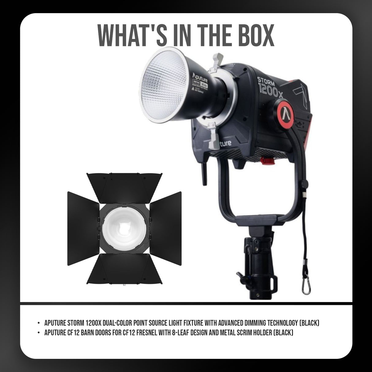 Aputure Storm 1200x Dual-Color Point Source Light Fixture (Black) with Aputure Barn Doors Bundle