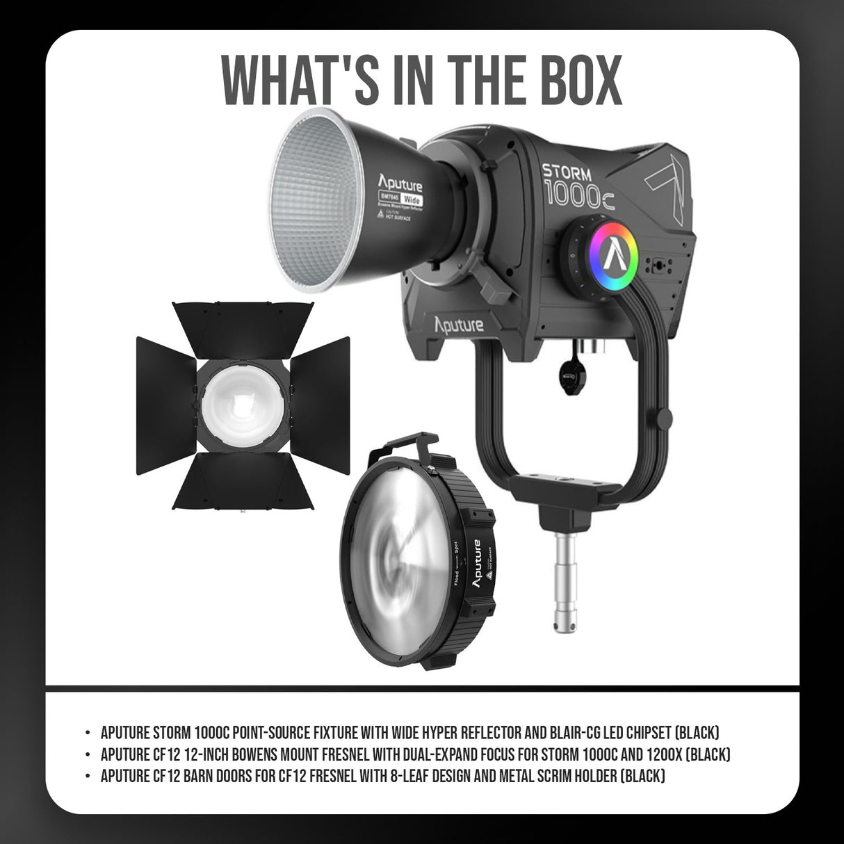 Aputure Storm 1000c Point-Source Fixture with Wide Hyper Reflector (Black) with CF12 Fresnel Bundle