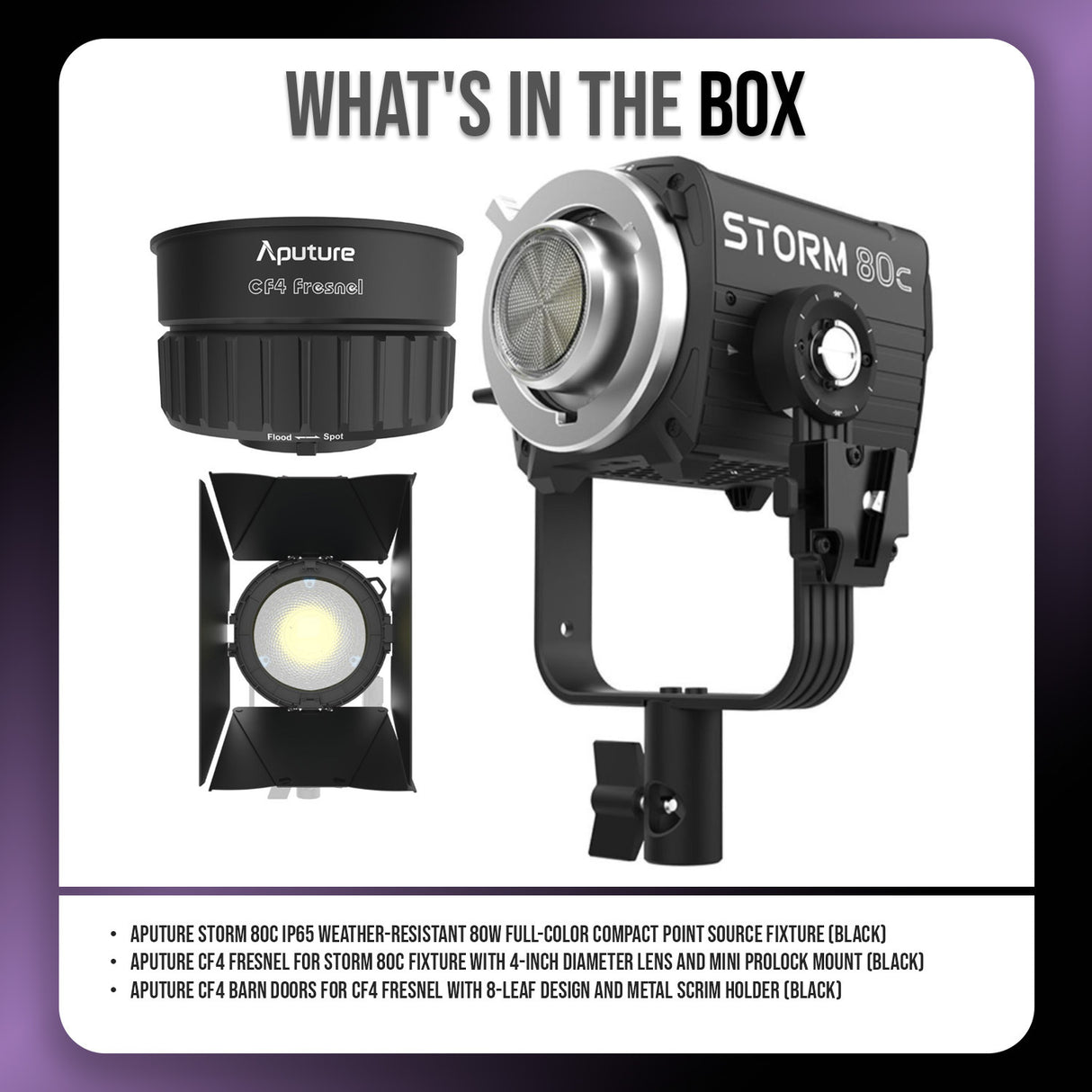 Aputure STORM 80c 80W Tunable Color Point Source Black Fixture with Aputure CF4 Fresnel Bundle