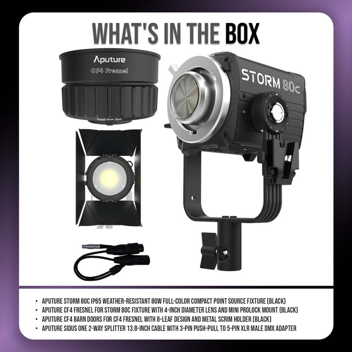 Aputure STORM 80c 80W Tunable Color Compact Point Source Black Fixture with Fresnel Bundle
