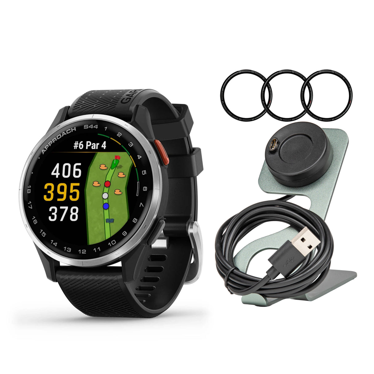 Garmin Approach S44 GPS AMOLED Golf Smartwatch (Silver Aluminum Bezel, Black Silicone Band) Bundle
