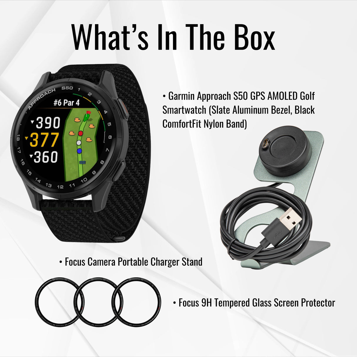 Garmin Approach S50 GPS AMOLED Golf Smartwatch (Slate Aluminum Bezel, Black Nylon Band) Bundle