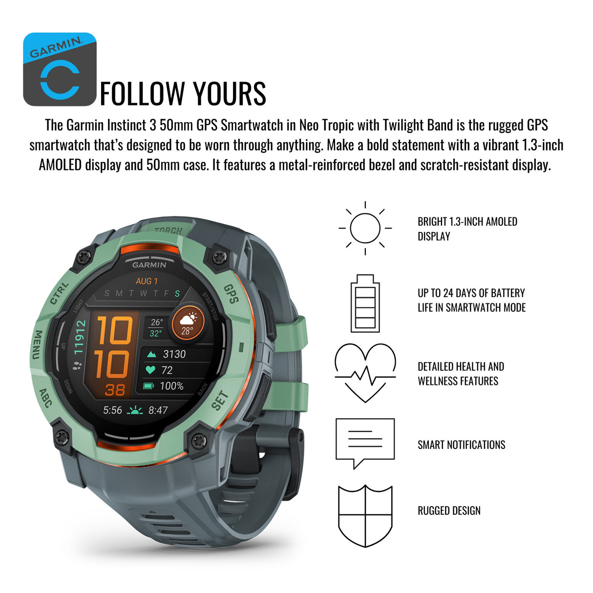 Garmin Instinct 3 50mm AMOLED GPS Smartwatch (Neo Tropic and Twilight Band) and Charger Stand Bundle