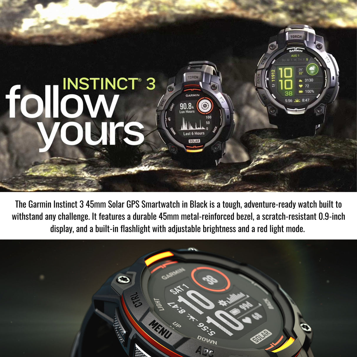 Garmin Instinct 3 45mm Solar GPS Smartwatch with SatIQ Technology (Black) and Charger Stand Bundle