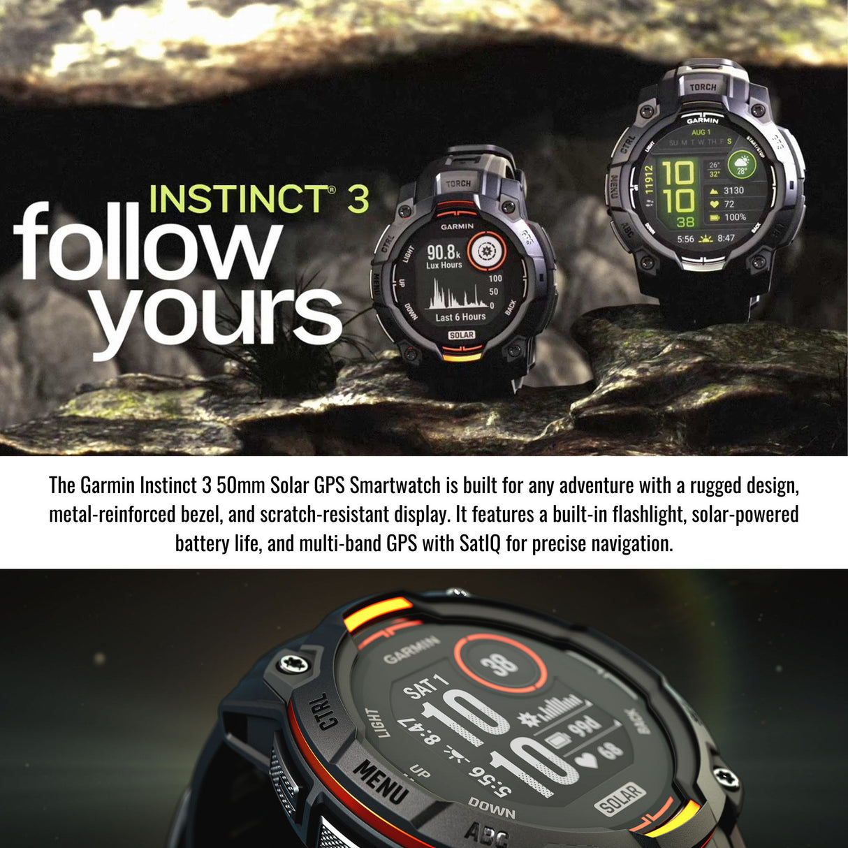 Garmin Instinct 3 50mm Solar GPS Smartwatch (Black with Charcoal Band) and Charger Stand Bundle