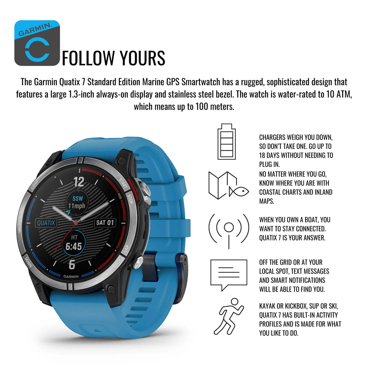 Garmin quatix 7 Standard Edition Marine GPS Smartwatch and Focus Camera Charger Stand Bundle