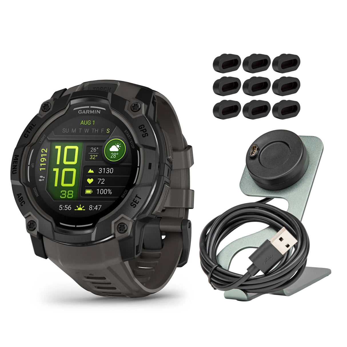 Garmin Instinct 3 50mm AMOLED GPS Smartwatch (Black and Charcoal Band) and Charger Stand Bundle
