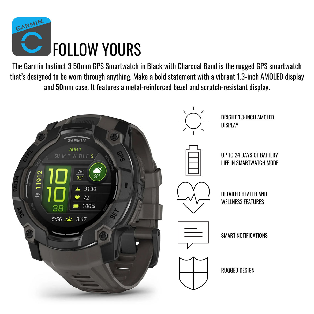 Garmin Instinct 3 50mm AMOLED GPS Smartwatch (Black and Charcoal Band) and Charger Stand Bundle