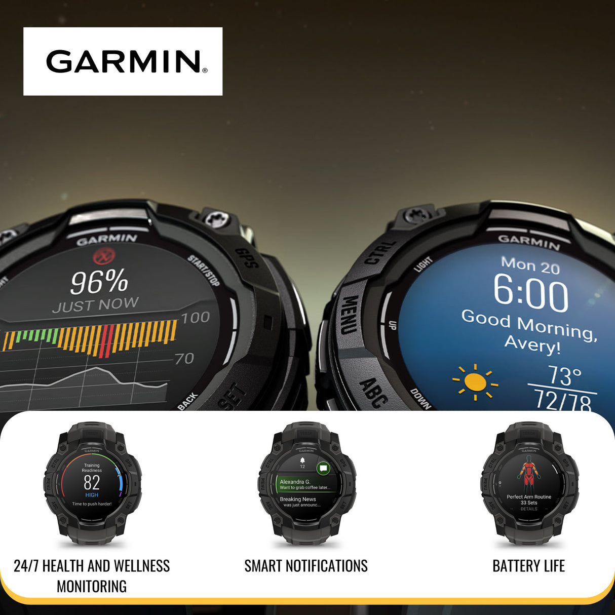 Garmin Instinct 3 50mm AMOLED GPS Smartwatch (Black and Charcoal Band) and Charger Stand Bundle