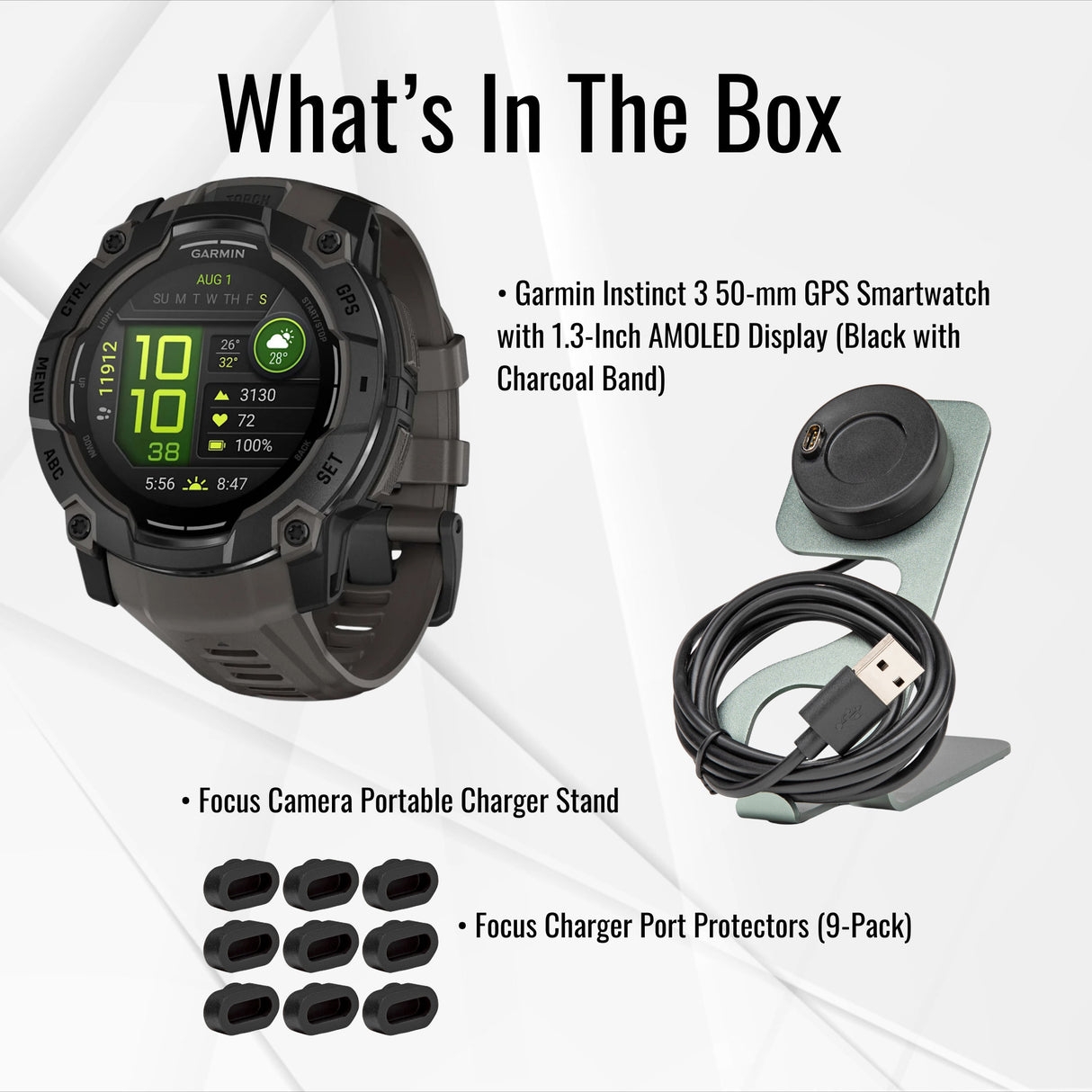 Garmin Instinct 3 50mm AMOLED GPS Smartwatch (Black and Charcoal Band) and Charger Stand Bundle