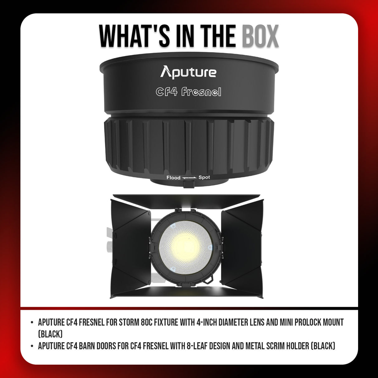 Aputure CF4 Fresnel for Storm 80c Fixture with 4-Inch Diameter Lens (Black) and CF4 Barn Door Bundle