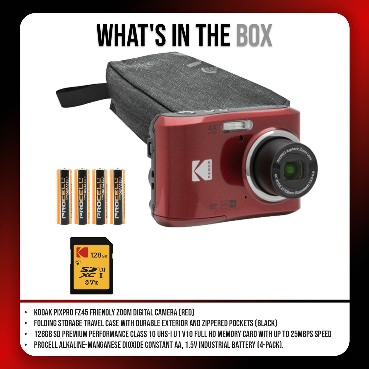 Kodak PIXPRO FZ45 Friendly Zoom Digital Camera (Red) and Folding Storage Travel Case Bundle