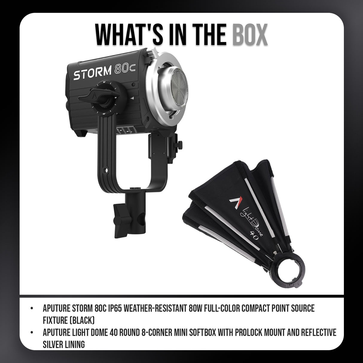 Aputure STORM 80c IP65 80W Full-Color Compact Point Source Fixture (Black) with Mini Softbox Bundle