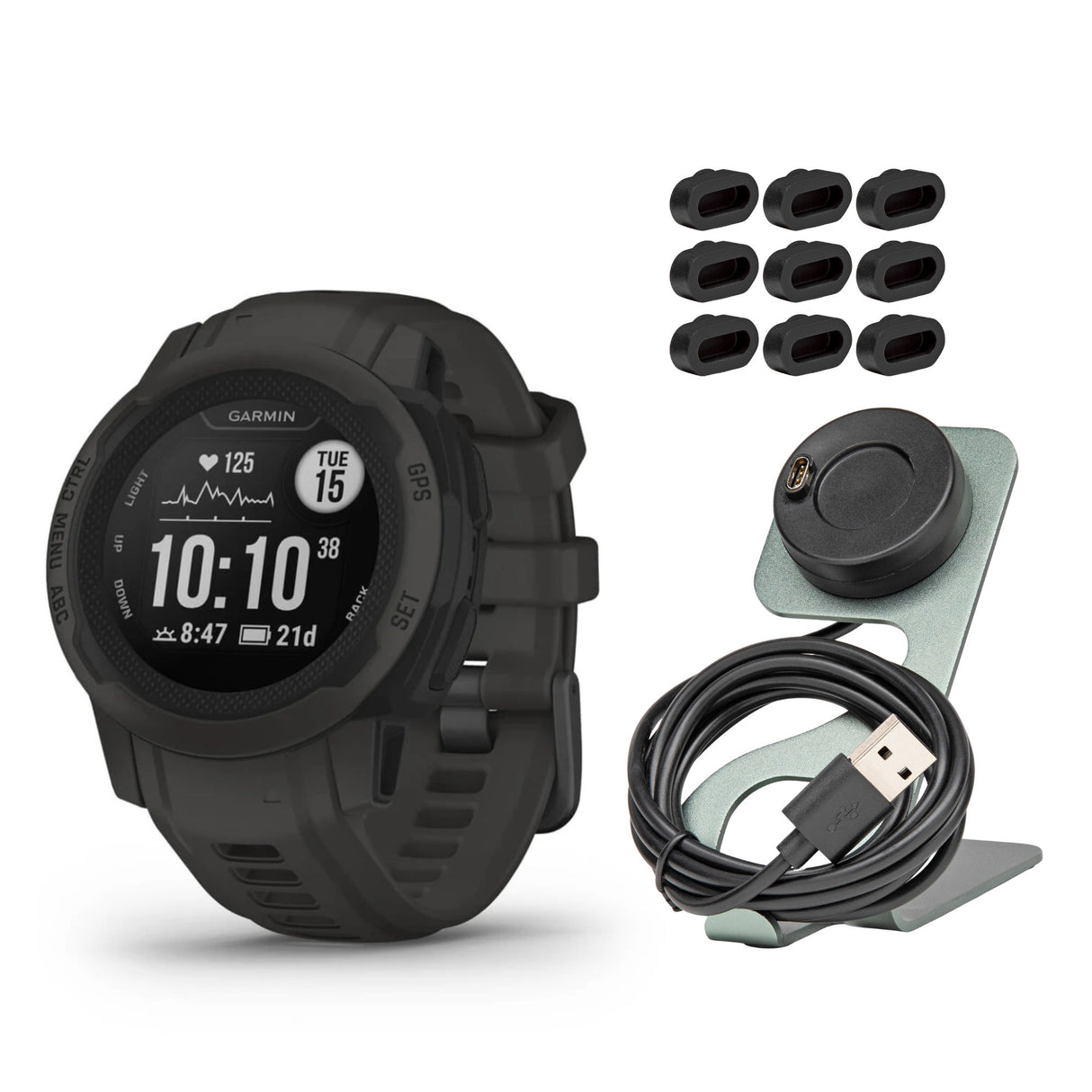 Garmin Instinct 2S GPS Smartwatch (Graphite) with Charger Stand and Port Protectors (9-Pack) Bundle