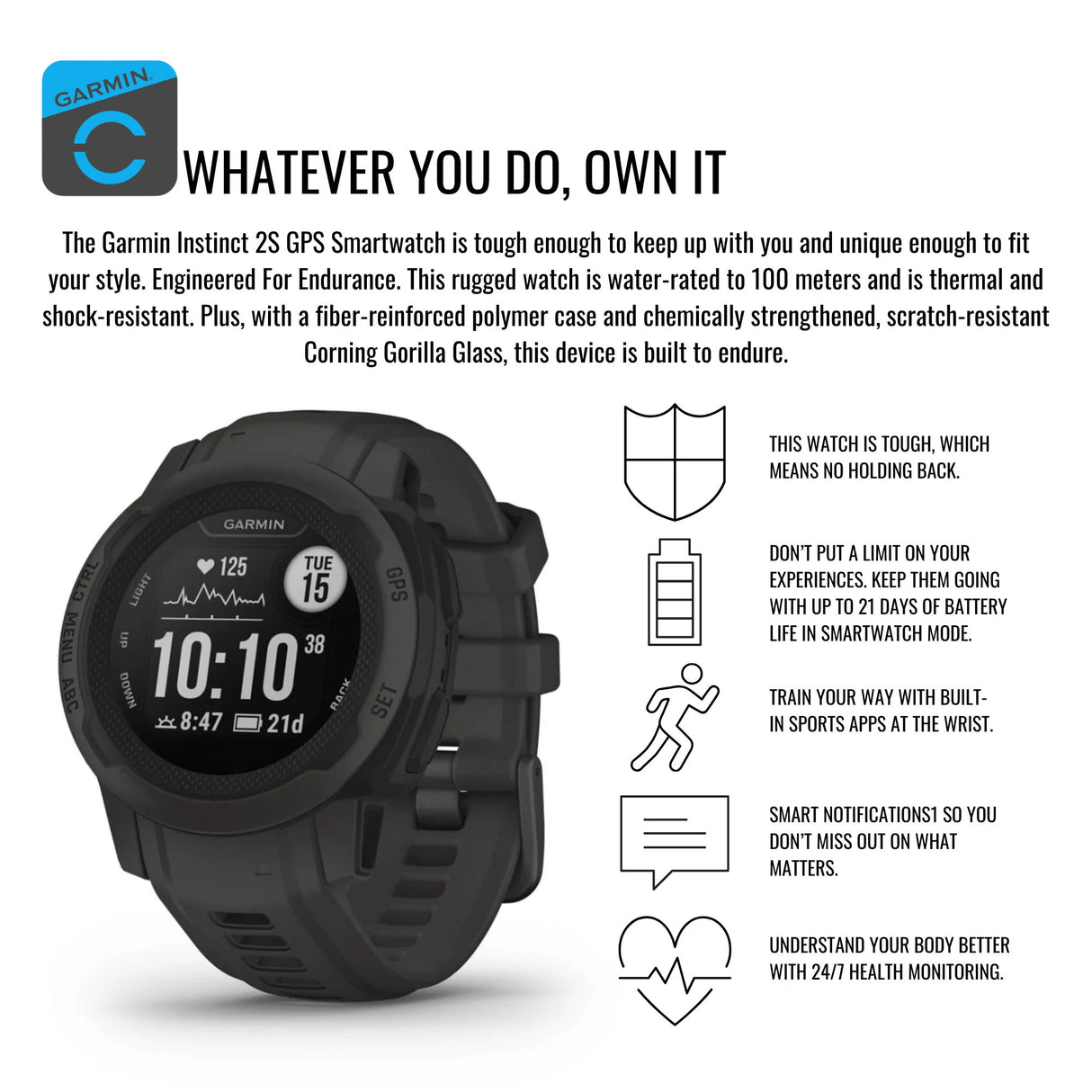 Garmin Instinct 2S GPS Smartwatch (Graphite) with Charger Stand and Port Protectors (9-Pack) Bundle