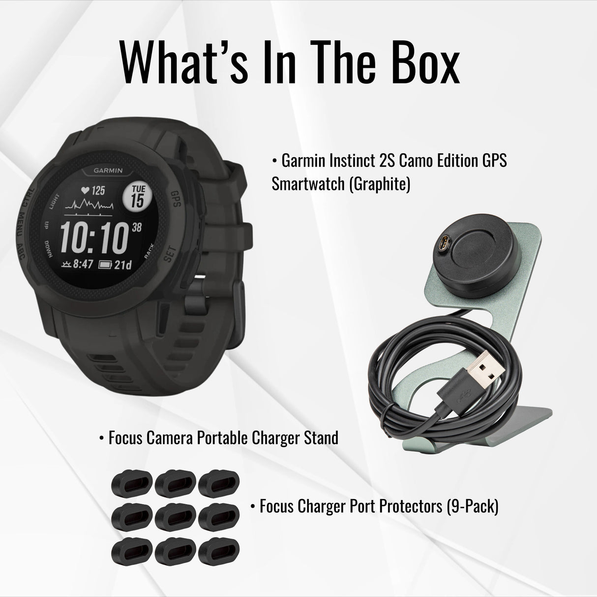 Garmin Instinct 2S GPS Smartwatch (Graphite) with Charger Stand and Port Protectors (9-Pack) Bundle