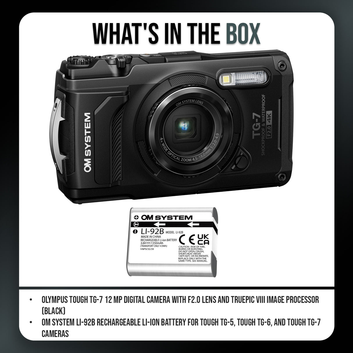 Olympus Tough TG-7 12MP Digital Camera with F2.0 Lens (Black) with Rechargeable Battery Bundle