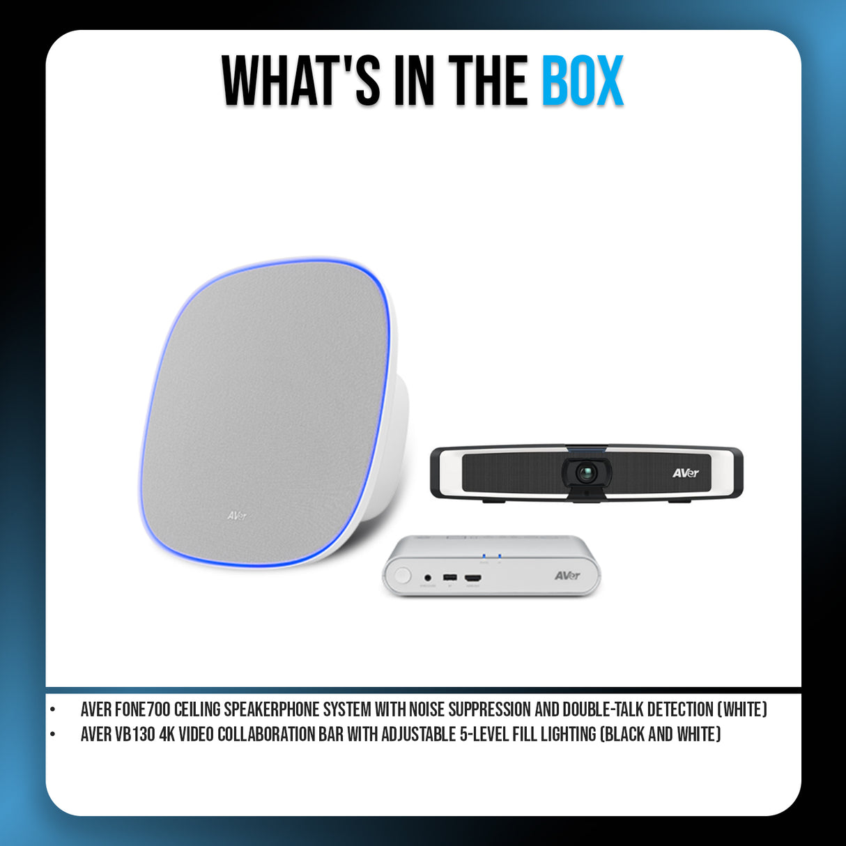 AVer FONE700 Ceiling Speakerphone System with Noise Suppression and VB130 4K Videobar (White) Bundle
