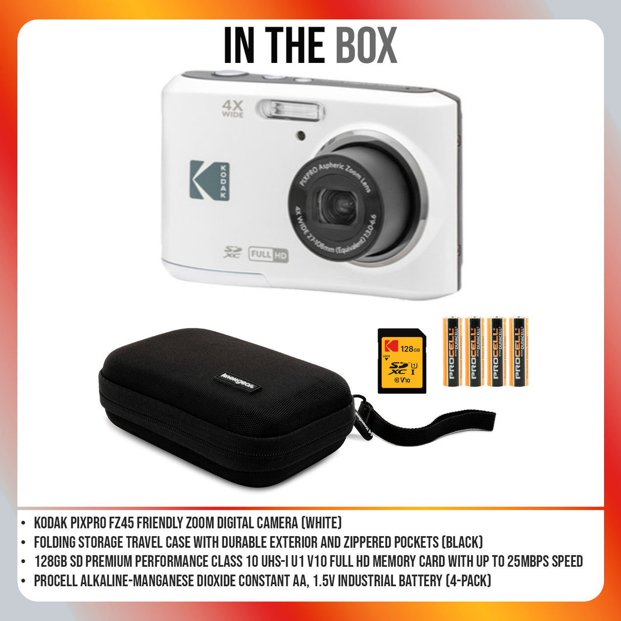 Kodak PIXPRO FZ45 Friendly Zoom Digital Camera (White) and Folding Storage Travel Case Bundle