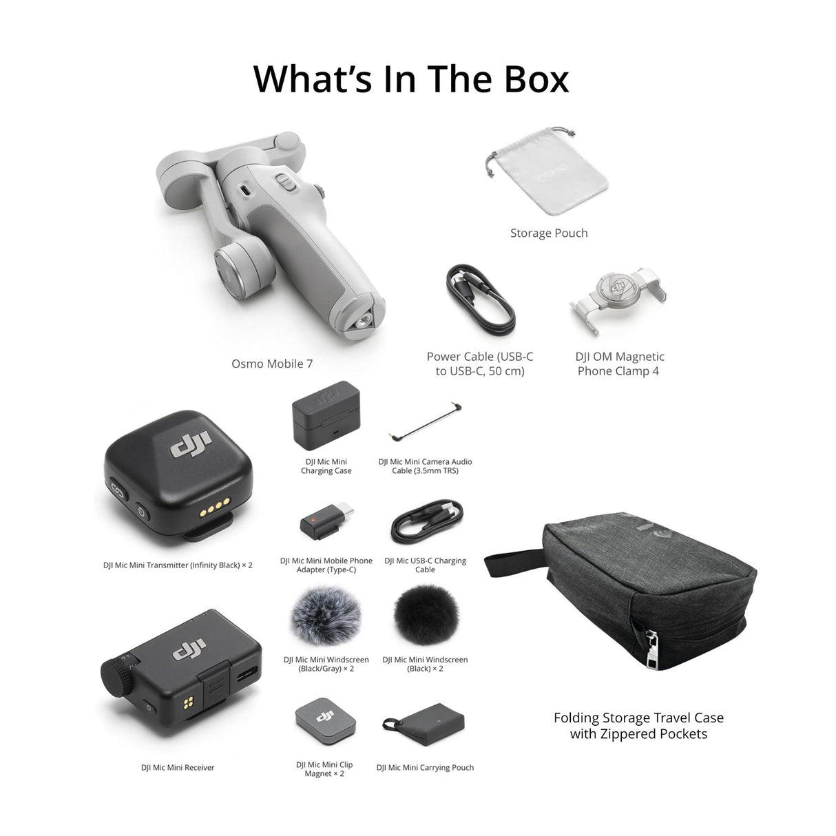 DJI Osmo Mobile 7 Gimbal with DJI Mic Mini (2 TX + 1 RX + Charging Case) and Folding Travel Case