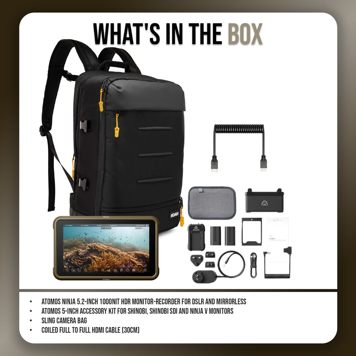 Atomos Ninja 5.2-Inch 1000nit HDR Monitor-Recorder with Accessory Kit, Camera Bag, and Cable Bundle