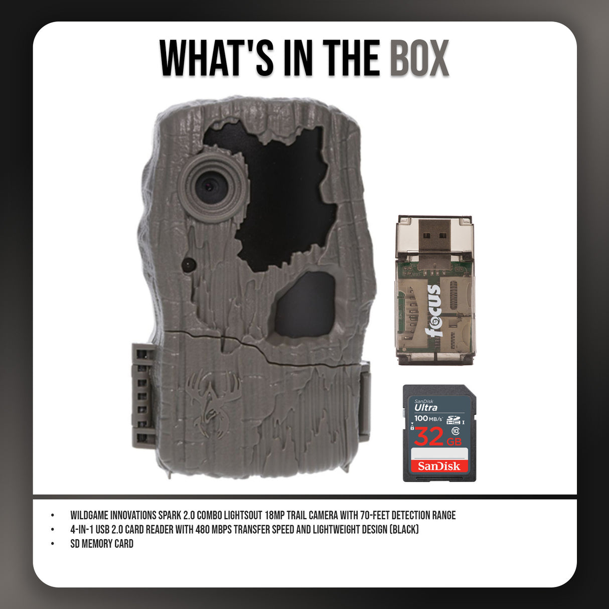 Wildgame Innovations Spark 2.0 Combo Lightsout 18MP Trail Camera with 70-Feet Detection Range Bundle