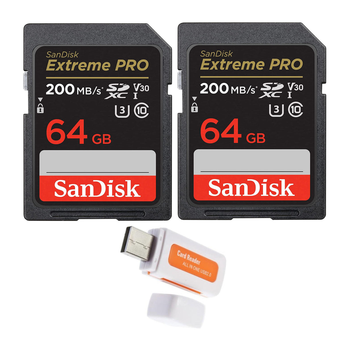 SanDisk 64GB Extreme PRO 200MB/s SDXC UHS-I Memory Card (2-Pack) with USB 3.0 Memory Card Reader