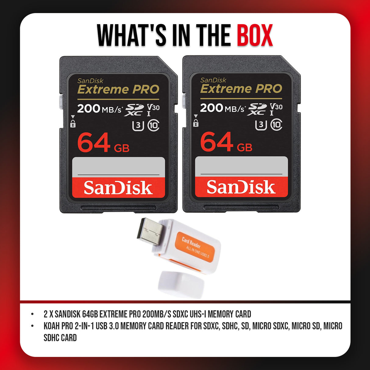 SanDisk 64GB Extreme PRO 200MB/s SDXC UHS-I Memory Card (2-Pack) with USB 3.0 Memory Card Reader