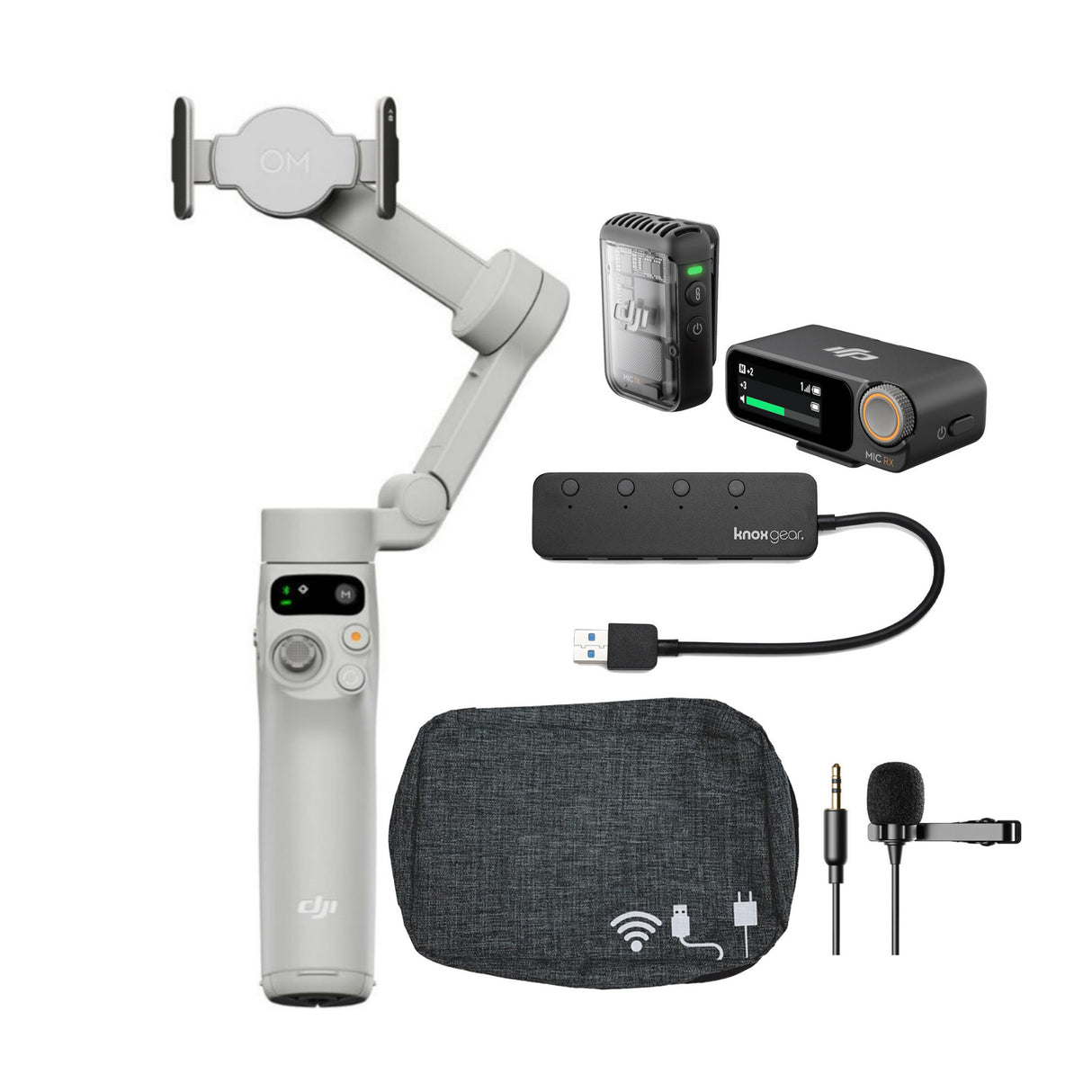 DJI Osmo Mobile 7 Gimbal Bundle with DJI Mic 2 (1 TX + 1 RX), Travel Case, Lavalier Mic and USB Hub