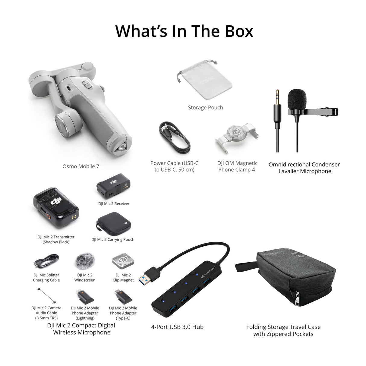 DJI Osmo Mobile 7 Gimbal Bundle with DJI Mic 2 (1 TX + 1 RX), Travel Case, Lavalier Mic and USB Hub