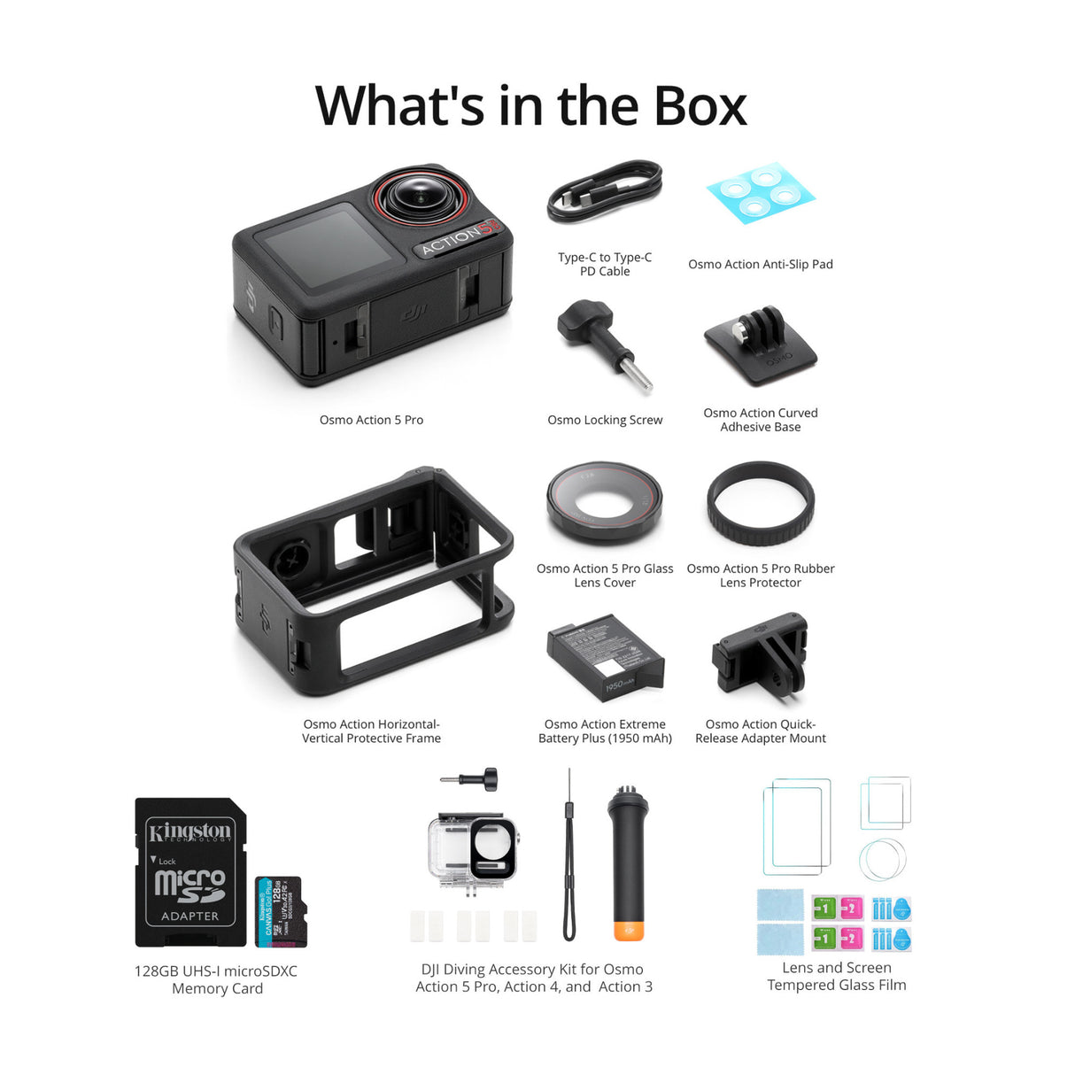 DJI Osmo Action 5 Pro Standard Combo with DJI Diving Gear,128GB MicroSD and Screen Protectors