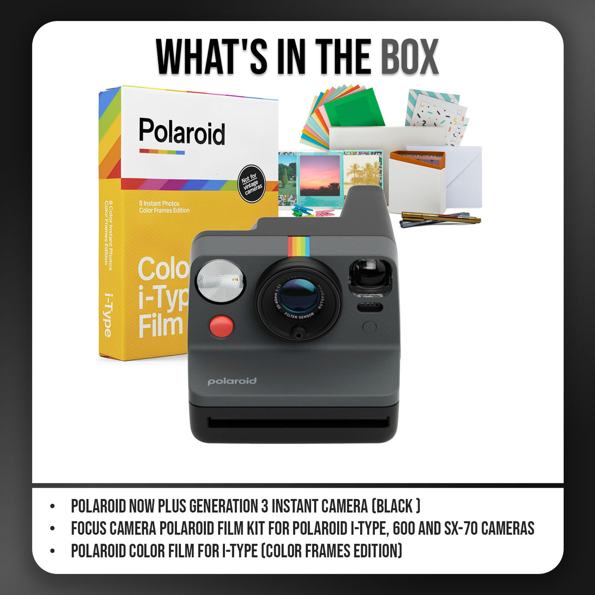 Polaroid Now Plus Generation 3 Instant Camera (Black) with Film Kit and Color Film for I-Type Bundle