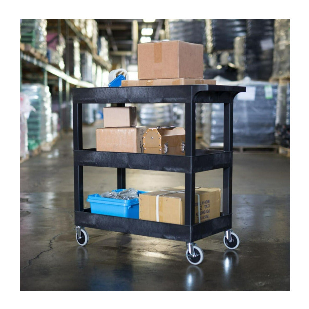 Luxor EC111-B 32 x 18-Inch Three-Shelf Polyethylene Plastic Utility Cart with Handle (Black)