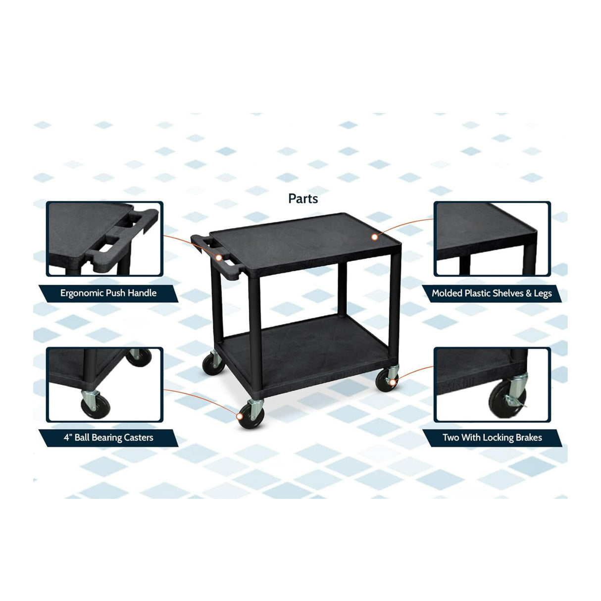 Luxor 26-Inch 2-Shelf Multipurpose AV Cart with Push Handle and 4-Inch Ball Bearing Casters (Black)