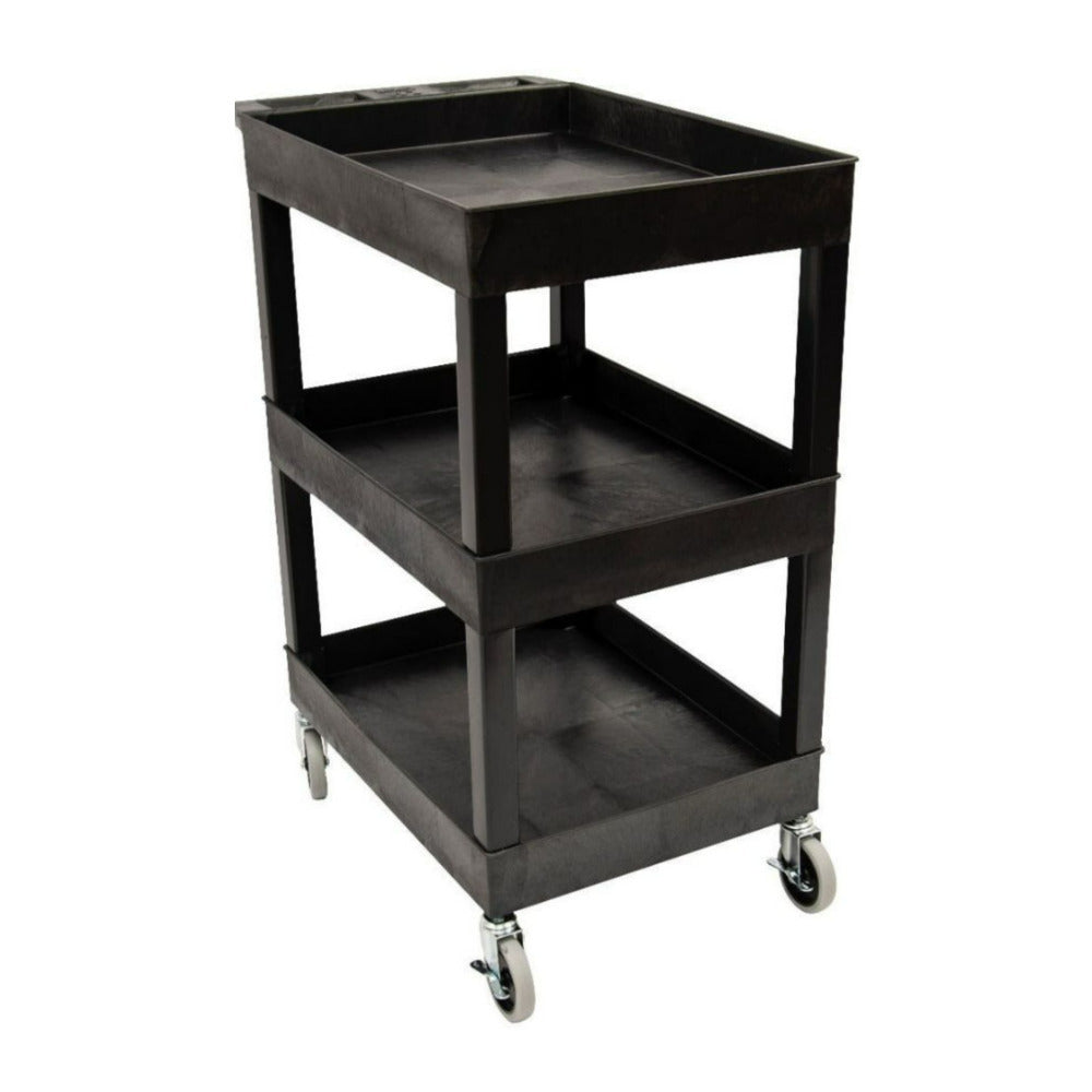 Luxor SEC111-B 24 x 18 Inch Plastic Utility Tub Cart with Three Shelves and Ergonomic Handle (Black)