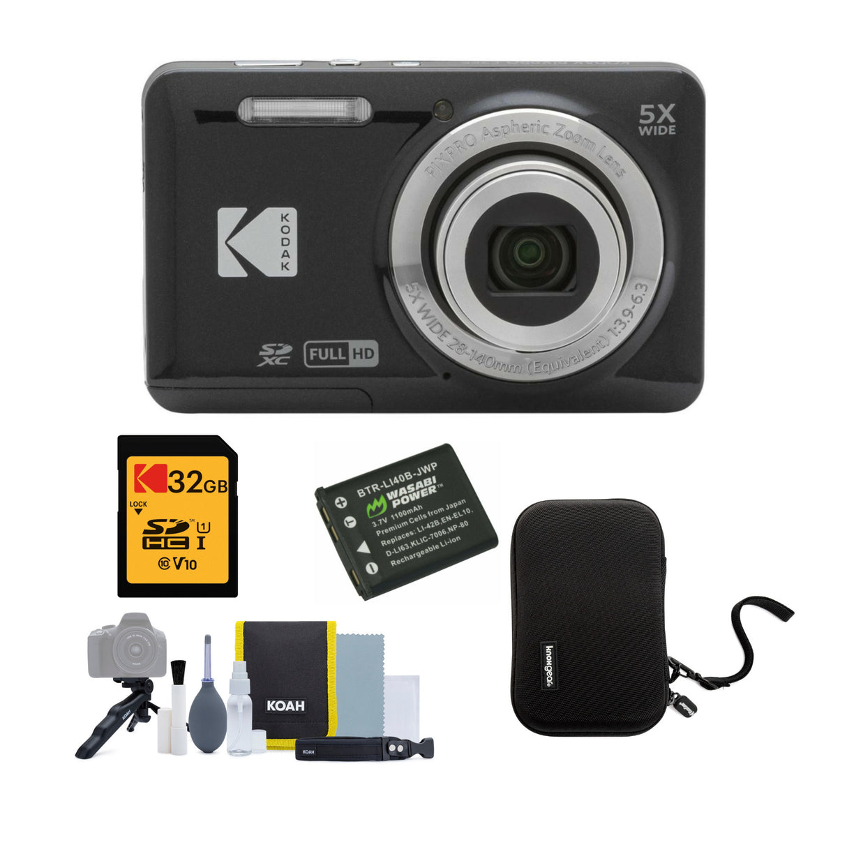 Kodak PIXPRO FZ55 Friendly Zoom Digital Camera (Black) with 32GB SD Card, Battery and Accessory Kit