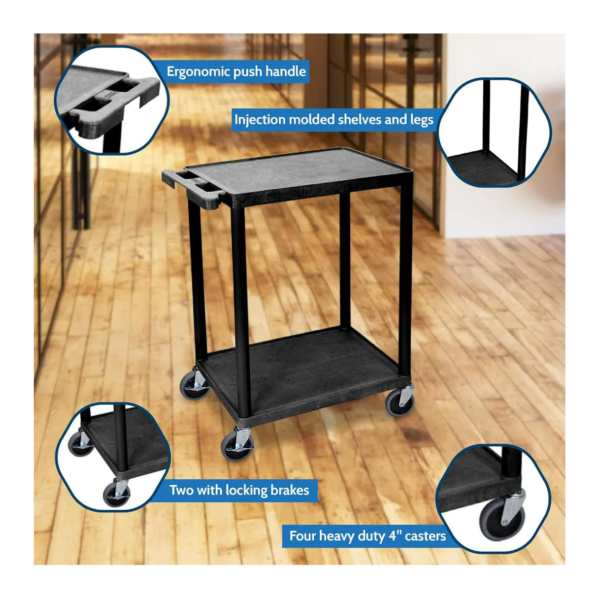 Luxor STC22-B Multipurpose Utility Cart with 2 Shelves and Thermoplastic Resin Body (Black)