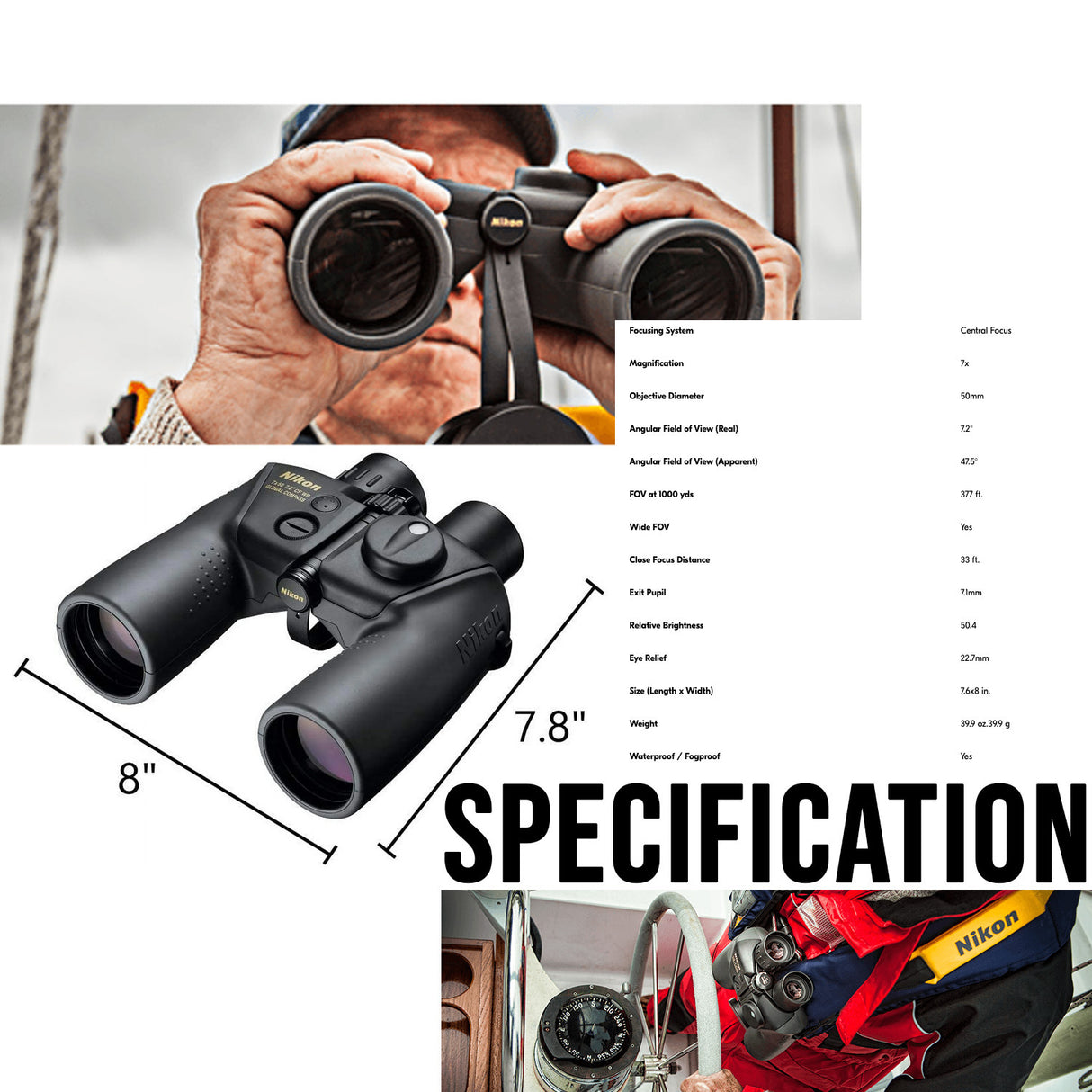 Nikon 7x50 OceanPro CF WP Global Compass Marine Binocular with Polycarbonate Body (Black) Bundle