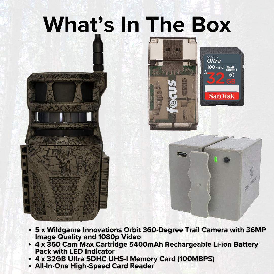 Wildgame Innovations Orbit 360-Degree 36MP Trail Camera (5-Pack) with 4 x 5400mAh Battery Bundle