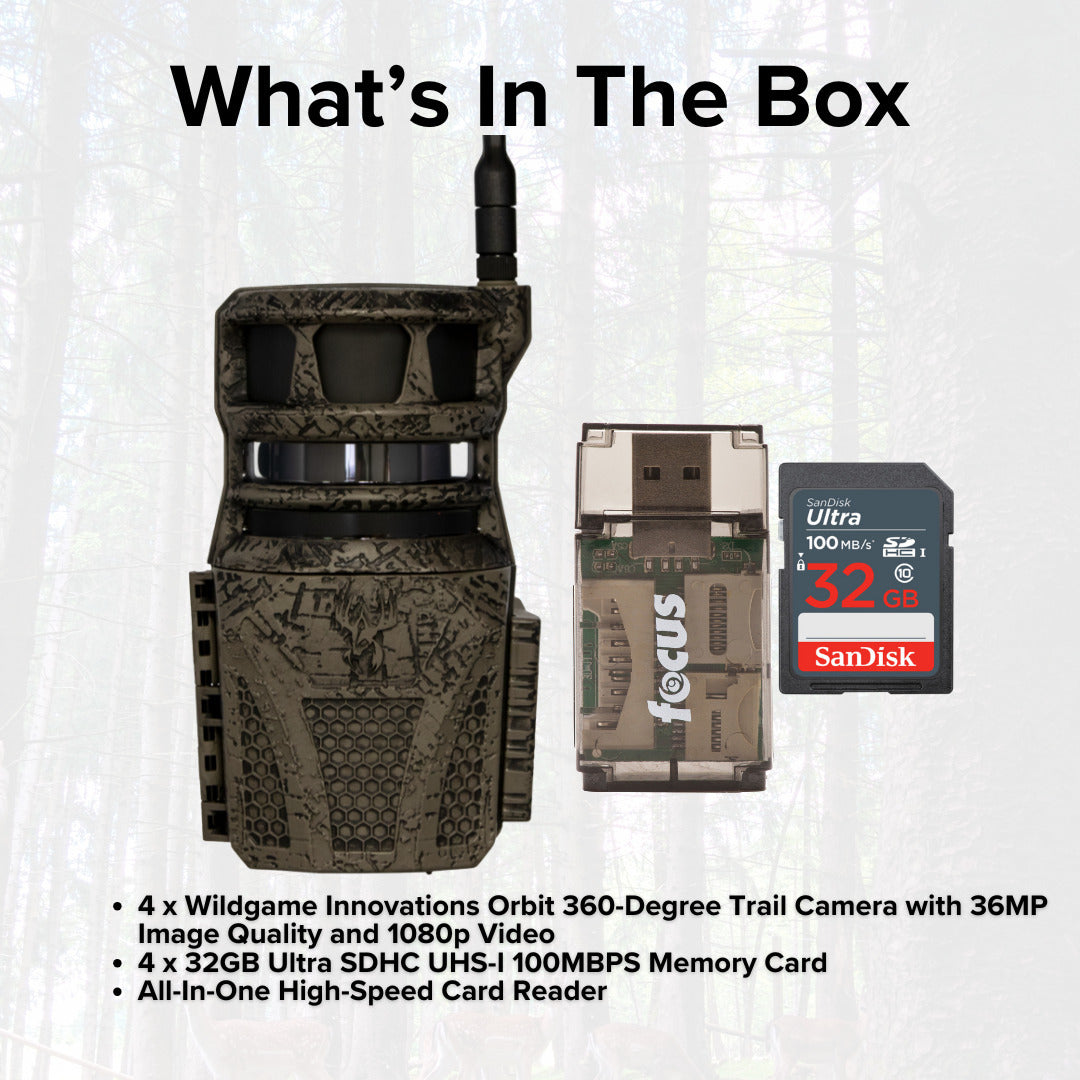 Wildgame Innovations Orbit 360-Degree 36MP Trail Camera (4-Pack) with Memory Card (4-Pack) Bundle