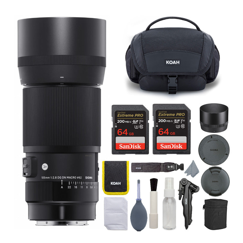 Sigma 105mm f/2.8 Art DG DN Macro Lens for Sony E-Mount with 64 SD Memory Cards and Camera Bag