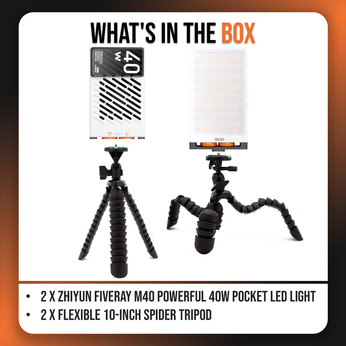 Zhiyun FIVERAY M40 Powerful 40W Pocket LED Light (2-Pack) with 10-Inch Spider Tripod Bundle