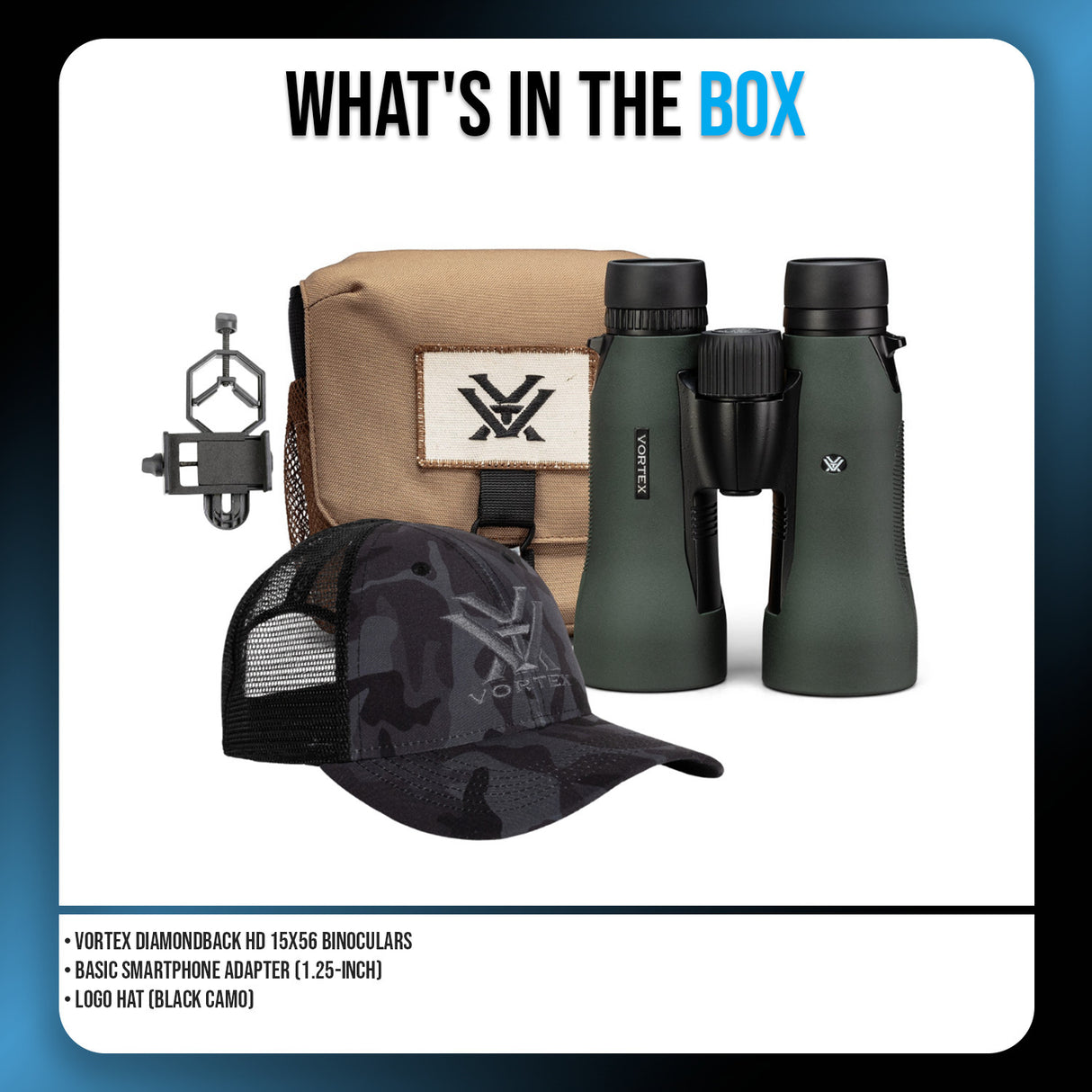 Vortex Diamondback HD 15x56 Binoculars with Basic Smartphone Adapter and Black Camo Hat Bundle