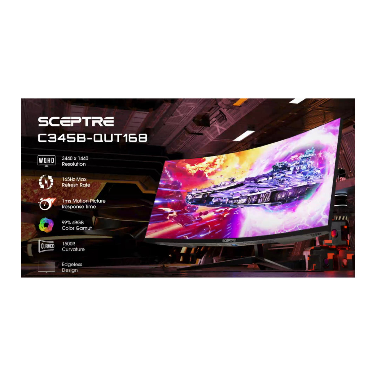 Sceptre C345B-QUT168 34-Inch Ultrawide Curved QHD 165Hz Gaming Monitor with 1500R Curvature (Black)