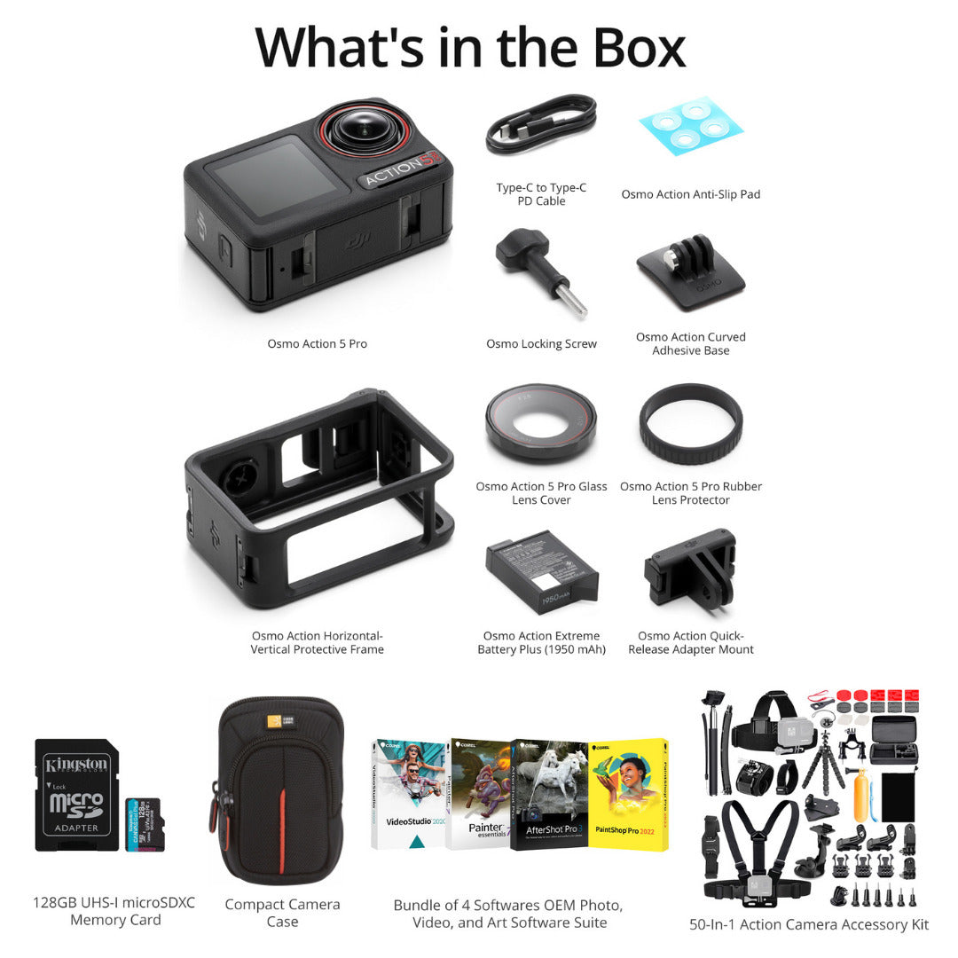 DJI Osmo Action 5 Pro Adventure Combo with 4 Photo Softwares, 50-in-1 Accessory Set Bundle