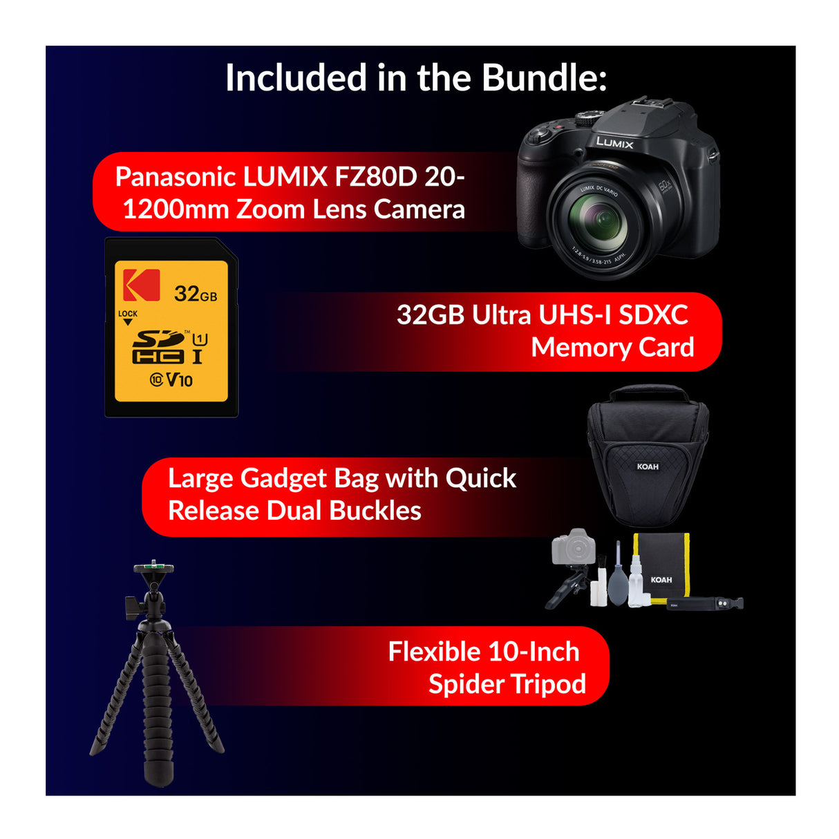 Panasonic LUMIX FZ80D 20-1200mm Zoom Lens Point and Shoot Compact Camera 32GB SD Card Bundle