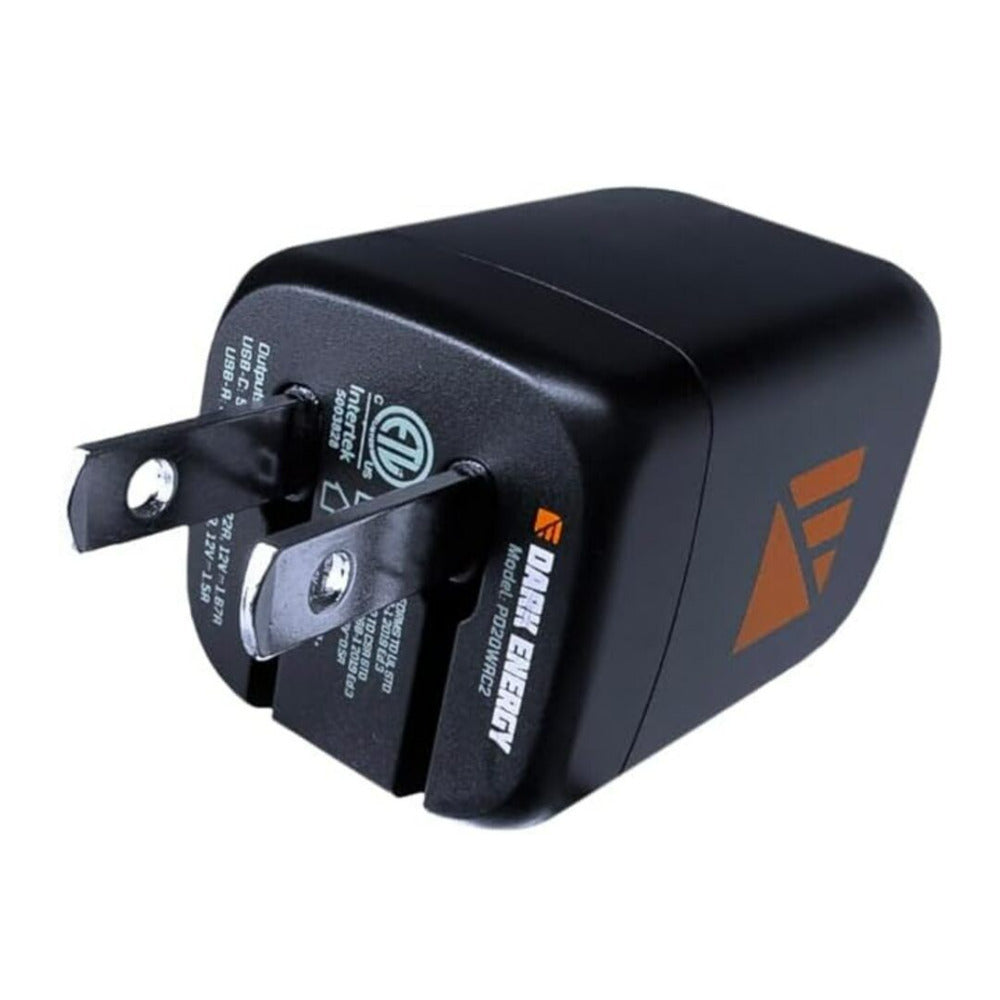 Dark Energy Compact Portable PD 20W Wall Adapter with Foldable Prongs and Dual Ports (Black)